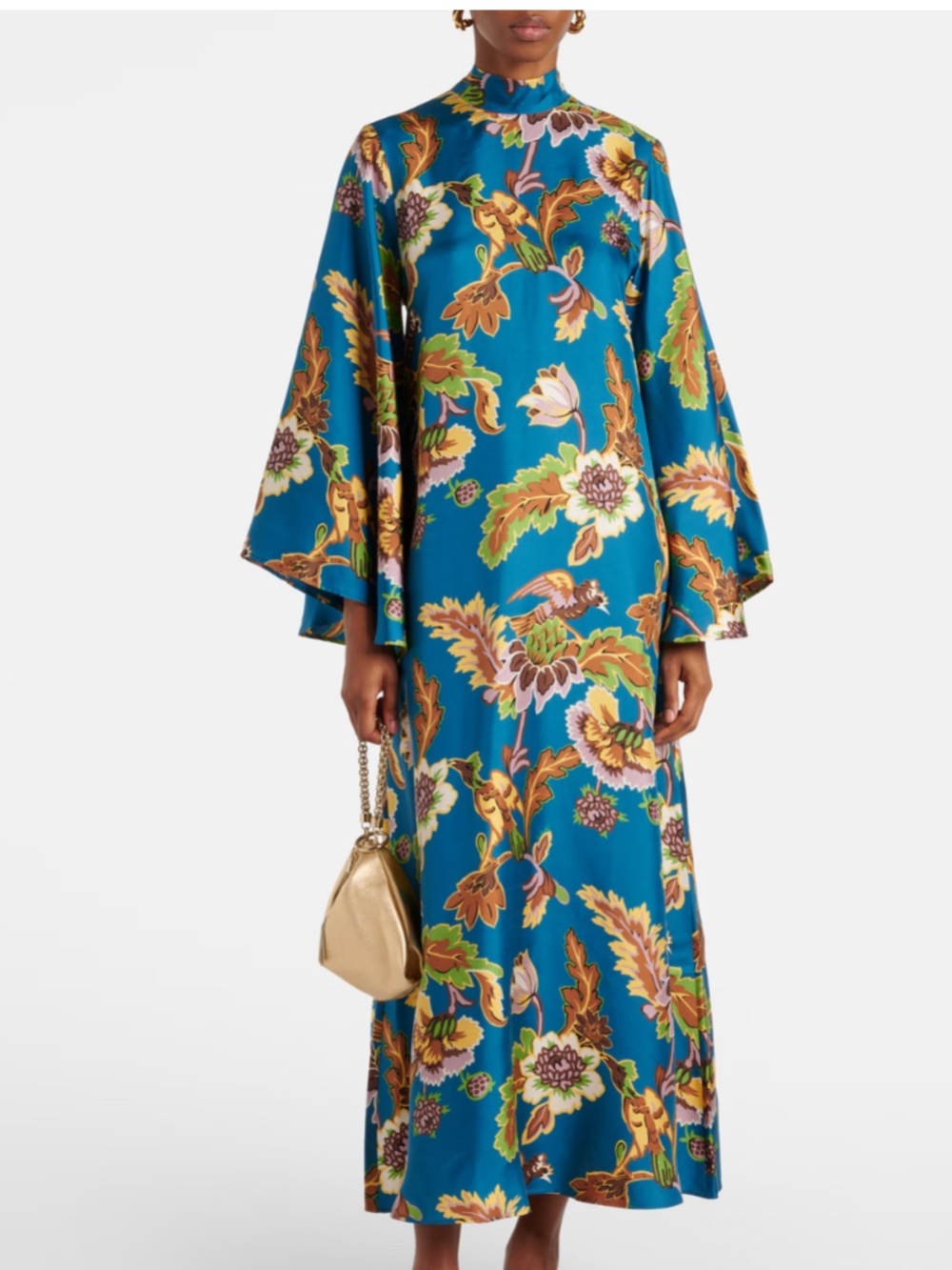 La DoubleJ Magnifico Midi Dress XS Blue Petrol Silk Twill Floral NWT